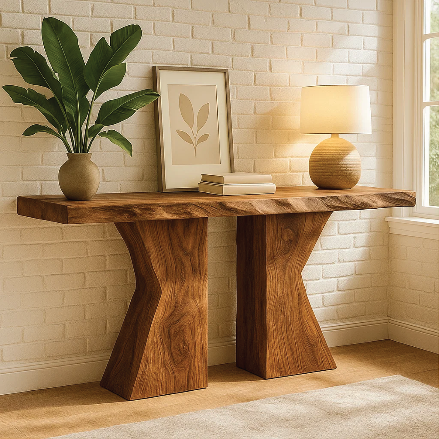 Handcrafted Solid Wood Console Table with Sculptural Base and Natural Live Edge Design Kitchnce