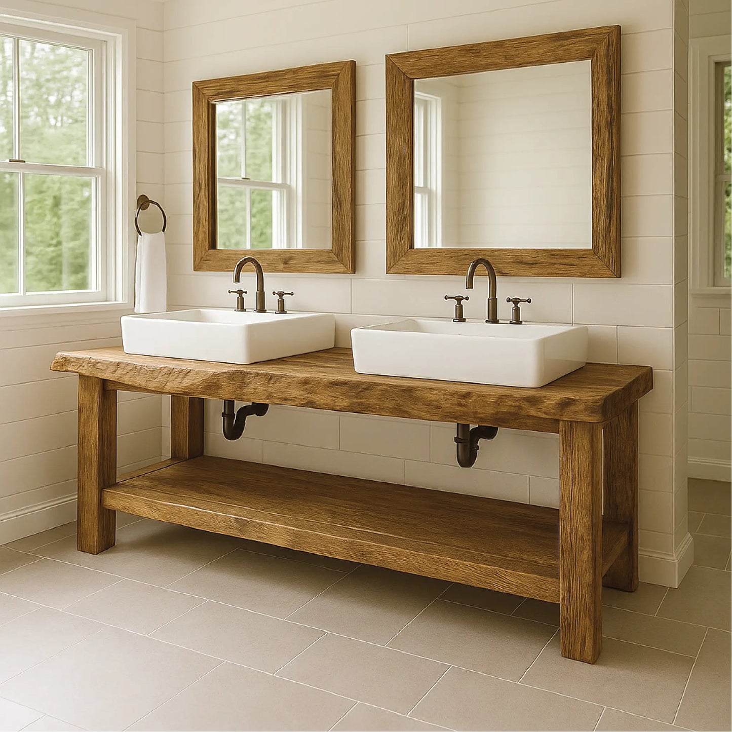 Handcrafted Double Sink Solid Wood Bathroom Vanity with Natural Finish for Modern Rustic Spaces Kitchnce