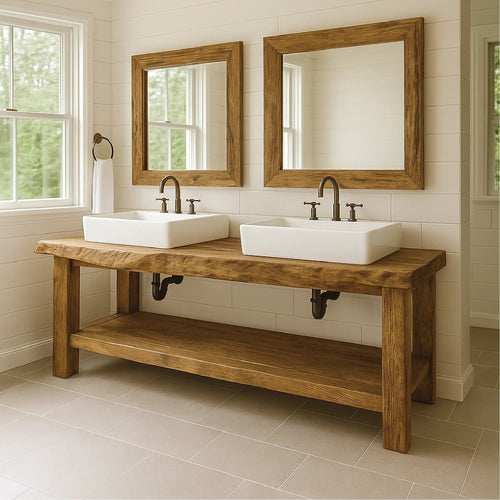 Handcrafted Double Sink Solid Wood Bathroom Vanity with Natural Finish for Modern Rustic Spaces Kitchnce