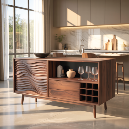 Handcrafted Solid Wood Dining Cabinet with Wave Carved Door, Open Display Shelf and Wine Storage Kitchnce