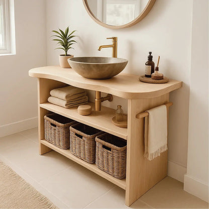 Handcrafted Solid Wood Bathroom Vanity with Curved Edge Design and Open Shelves for Modern Spaces Kitchnce