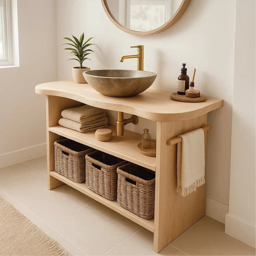 Handcrafted Solid Wood Bathroom Vanity with Curved Edge Design and Open Shelves for Modern Spaces Kitchnce