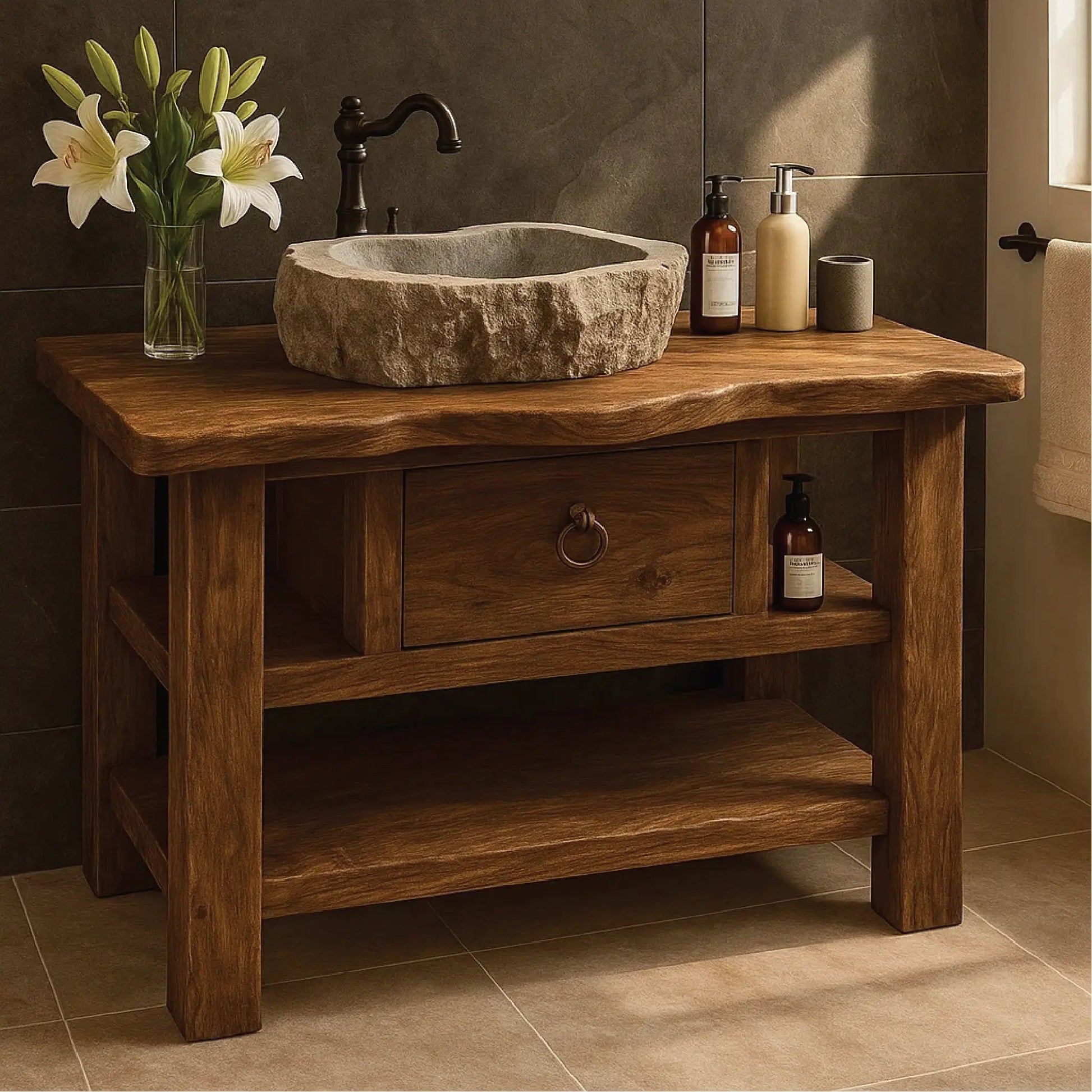 Handcrafted Solid Wood Bathroom Vanity with Drawer and Shelves for Rustic Natural Interior Design Kitchnce