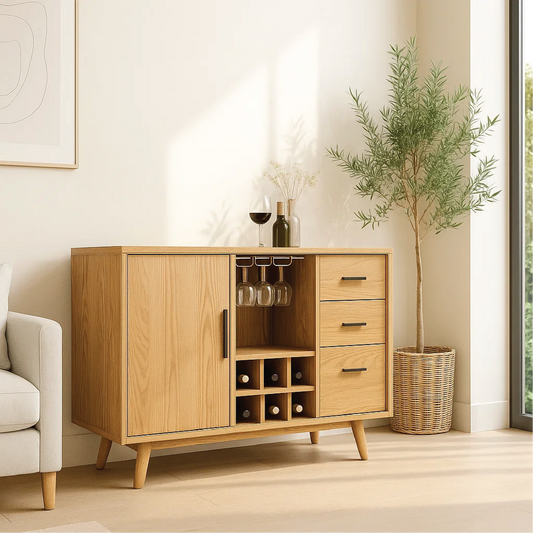 Solid Wood Wine Storage Cabinet with Bottle Rack, Glass Holders and Drawers for Modern Homes Kitchnce