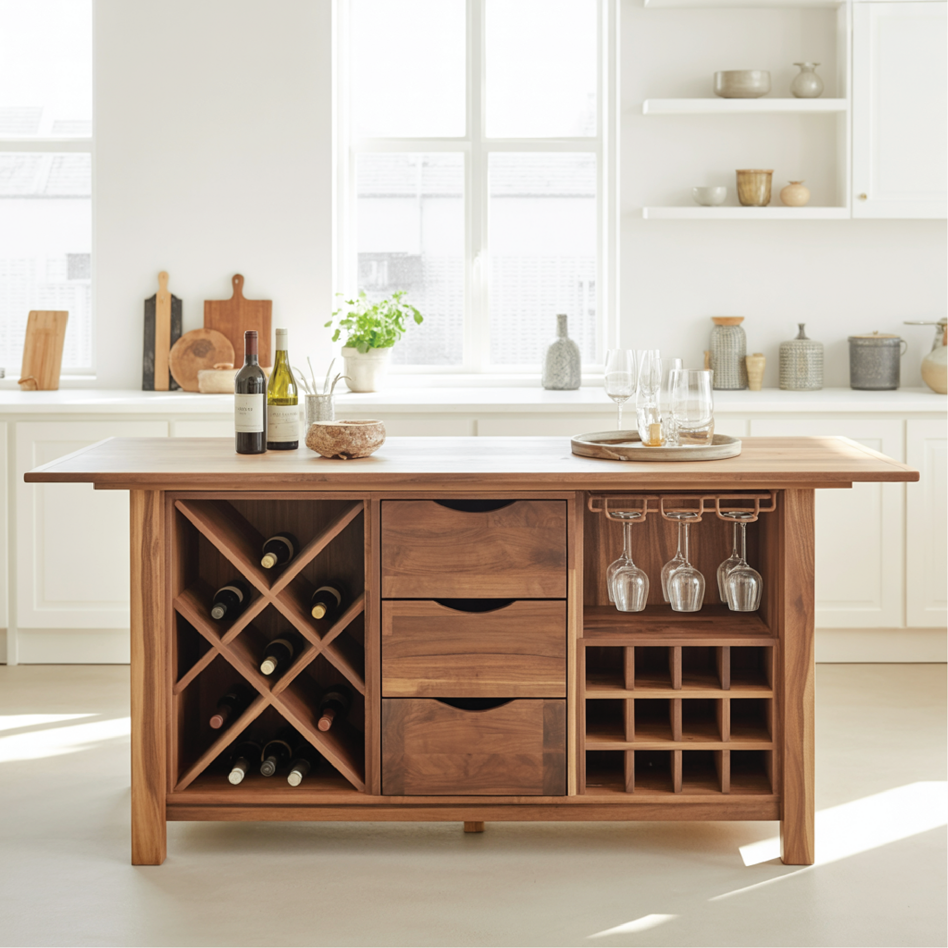 Handcrafted Solid Wood Dining Cabinet with Wine Storage, Drawers, and Hanging Glass Rack Kitchnce