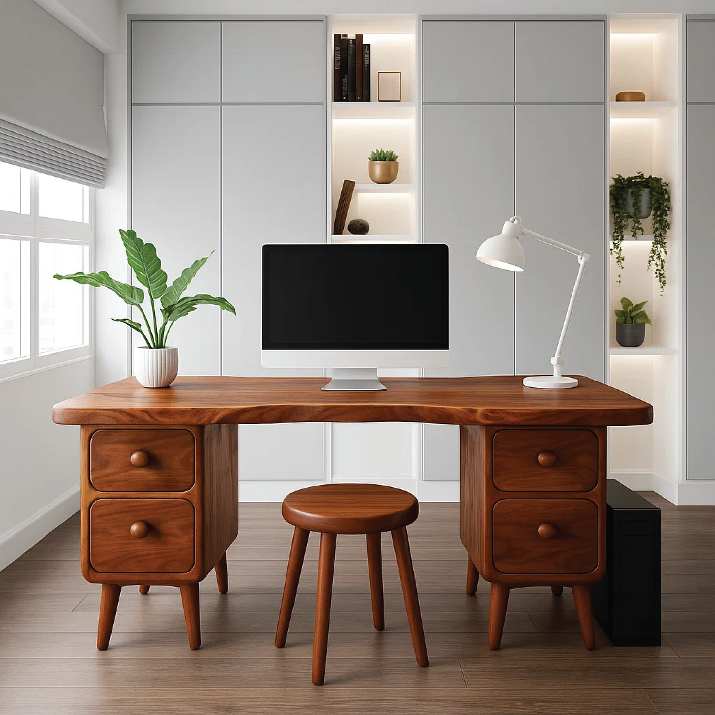 Handcrafted Solid Wood Office Desk – Mid-Century Modern Work Table with Curved Live Edge Design Kitchnce
