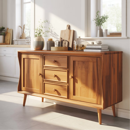 Handcrafted Solid Wood Dining Storage Sideboard with Curved Edges and Classic Cabinet Design Kitchnce