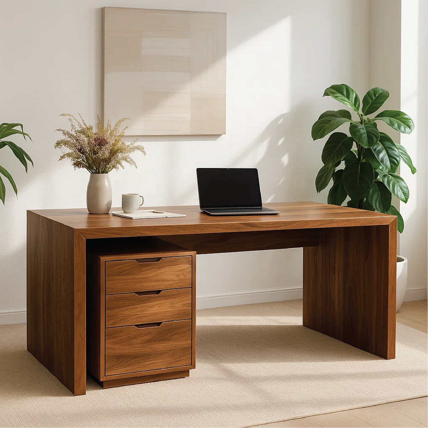 Handcrafted Solid Wood Work Desk – Minimalist Executive Office Table with 3-Drawer Storage Kitchnce