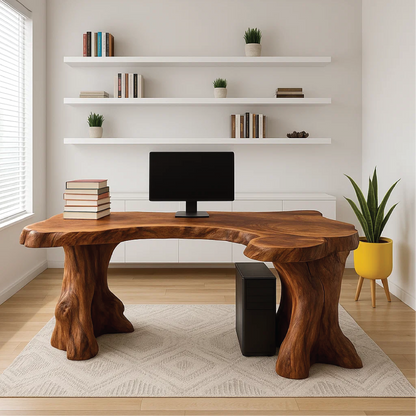 Handcrafted Solid Wood Executive Desk – Live Edge Office Table with Natural Tree Trunk Base Design Kitchnce