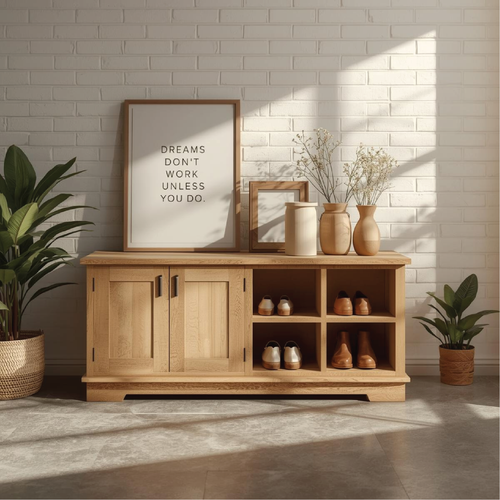 Handcrafted Solid Wood Entryway Bench with Storage Cabinets and Open Shelves for Modern Homes Kitchnce