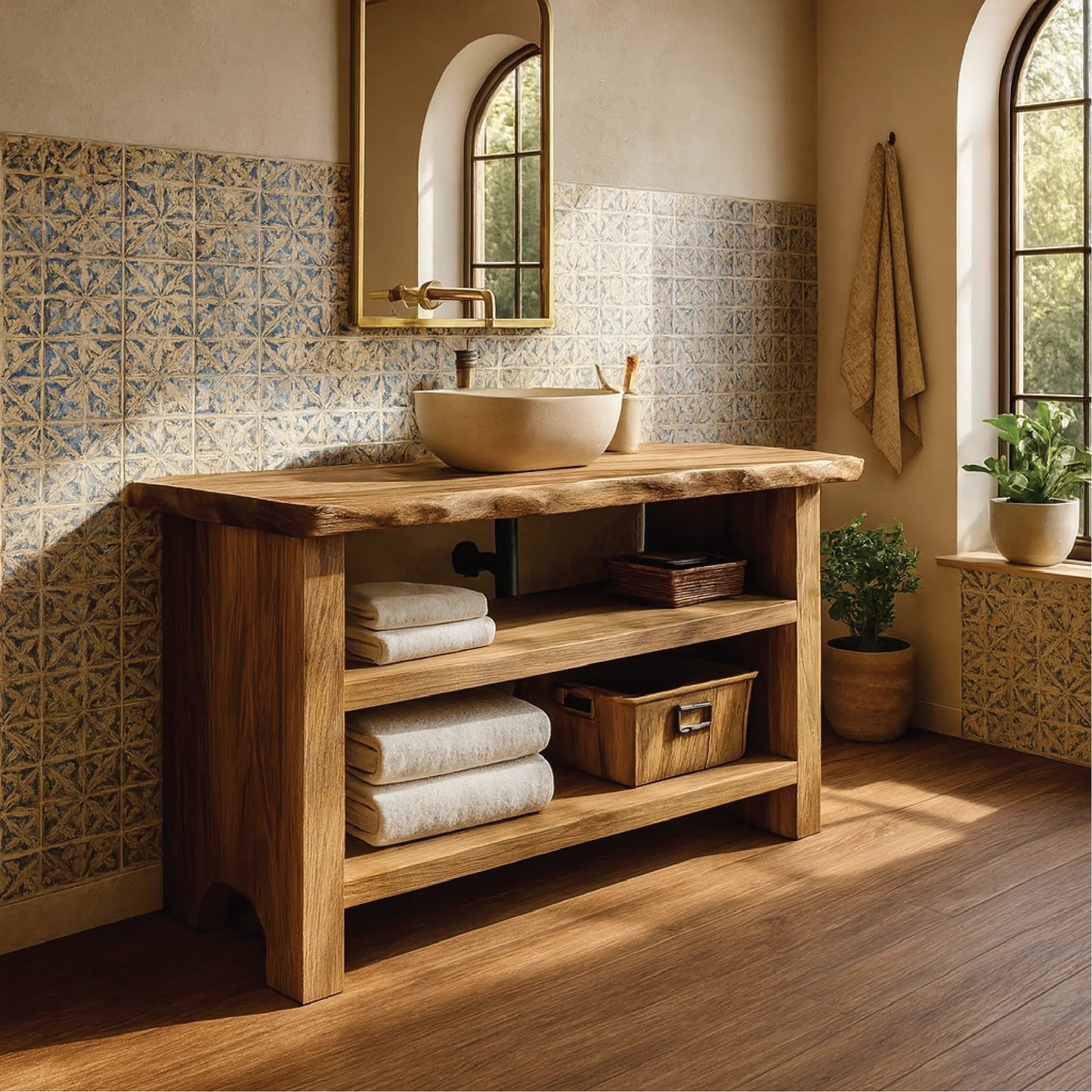 Handcrafted Solid Wood Bathroom Vanity with Live Edge Design and Rustic Open Shelf Storage Kitchnce