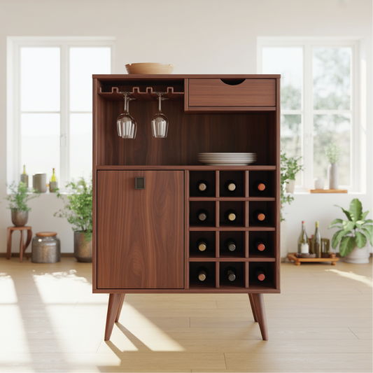 Handcrafted Solid Wood Dining Cabinet with Wine Rack, Glass Holder, Drawer and Storage Door Kitchnce