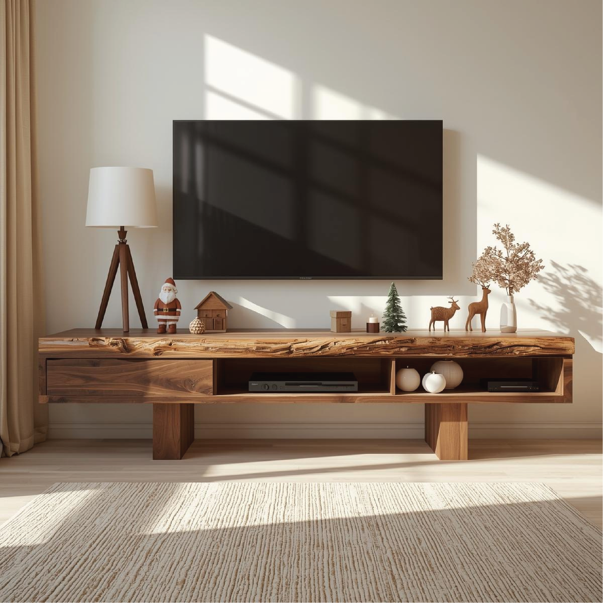Handcrafted Solid Wood Live Edge TV Stand with Minimalist Design for Elegant Modern Interiors Kitchnce