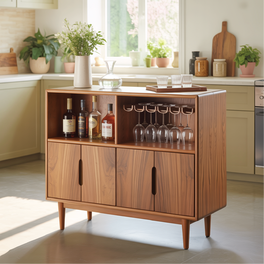 Handcrafted Solid Wood Dining Cabinet with Wine Storage and Hanging Glass Rack Kitchnce