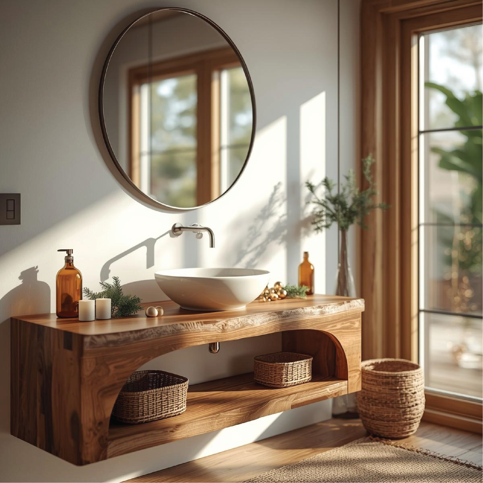 Handcrafted Solid Wood Floating Vanity with Live Edge Design and Minimalist Natural Finish Kitchnce