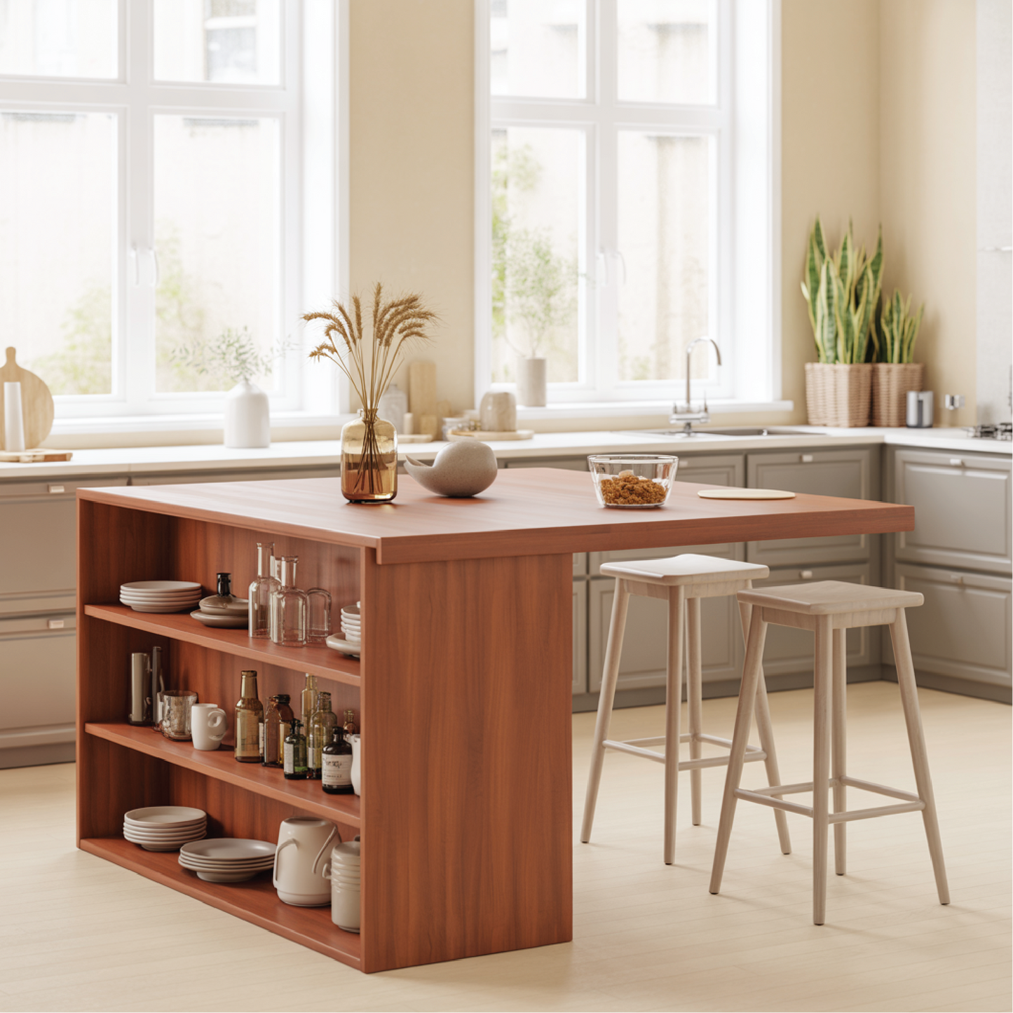 Handcrafted Solid Wood Dining Table with Open Storage Shelves for Modern Kitchen Interiors Kitchnce