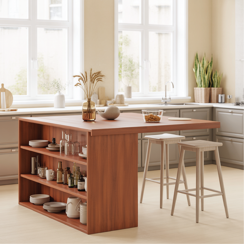 Handcrafted Solid Wood Dining Table with Open Storage Shelves for Modern Kitchen Interiors Kitchnce