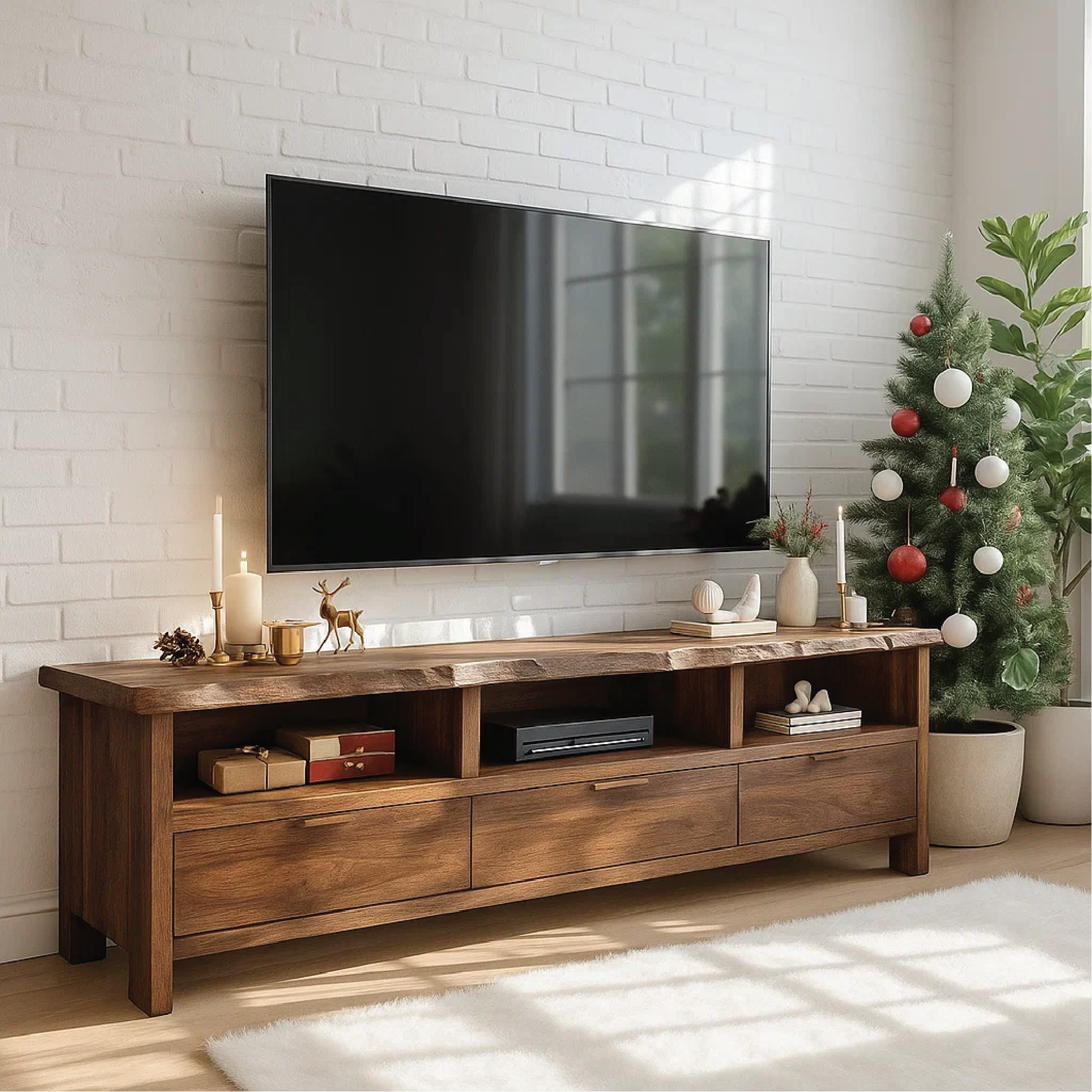 Handcrafted Solid Wood TV Stand with Live Edge Design and Storage Drawers for Modern Interiors Kitchnce