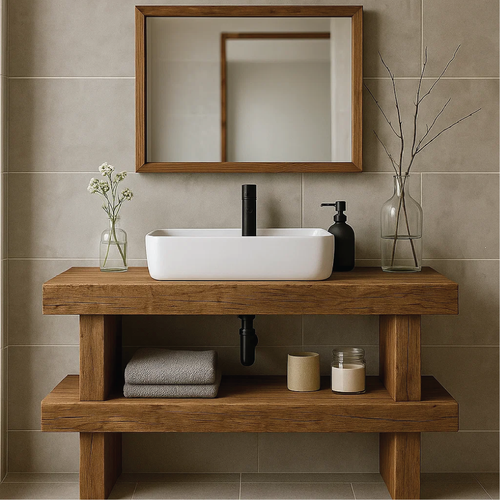 Minimalist Handcrafted Solid Wood Bathroom Vanity with Open Shelf and Modern Rustic Design Kitchnce