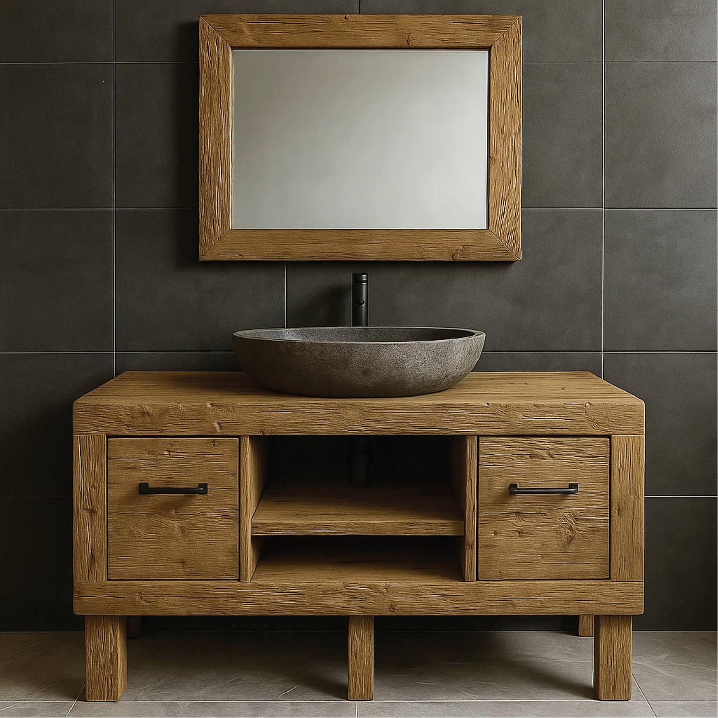 Modern Rustic Handcrafted Solid Wood Bathroom Vanity with Storage Drawers and Open Shelves Kitchnce
