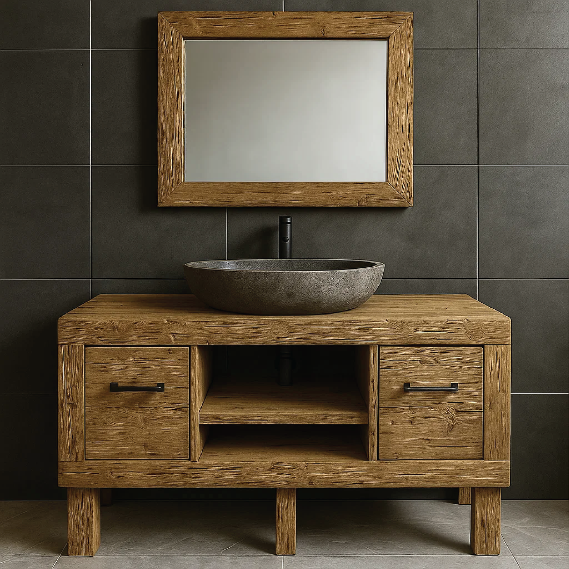 Modern Rustic Handcrafted Solid Wood Bathroom Vanity with Storage Drawers and Open Shelves Kitchnce