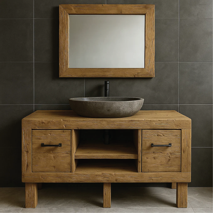 Modern Rustic Handcrafted Solid Wood Bathroom Vanity with Storage Drawers and Open Shelves Kitchnce