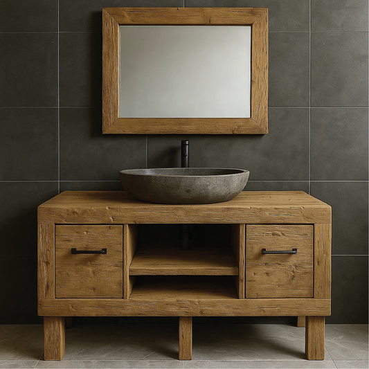 Modern Rustic Handcrafted Solid Wood Bathroom Vanity with Storage Drawers and Open Shelves Kitchnce