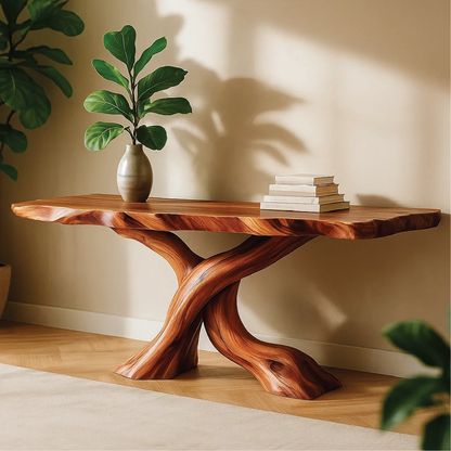 Handcrafted Solid Wood Tree Console Table with Twisted Base Design for Natural Modern Interiors Kitchnce