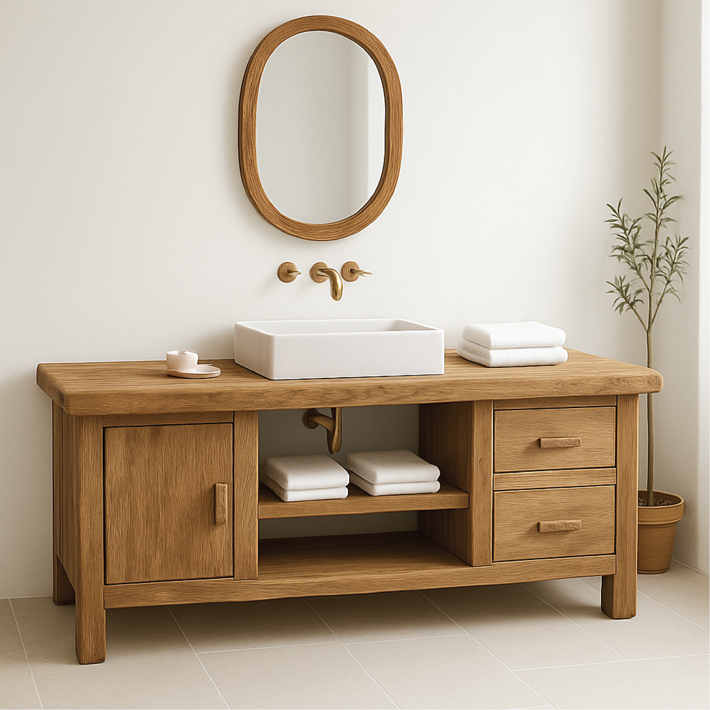 Handcrafted Solid Wood Bathroom Vanity with Drawers and Cabinet in Minimalist Natural Finish Kitchnce
