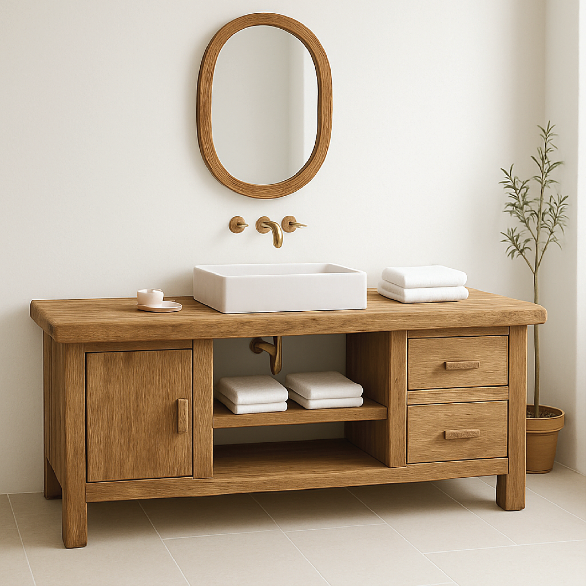 Handcrafted Solid Wood Bathroom Vanity with Drawers and Cabinet in Minimalist Natural Finish Kitchnce