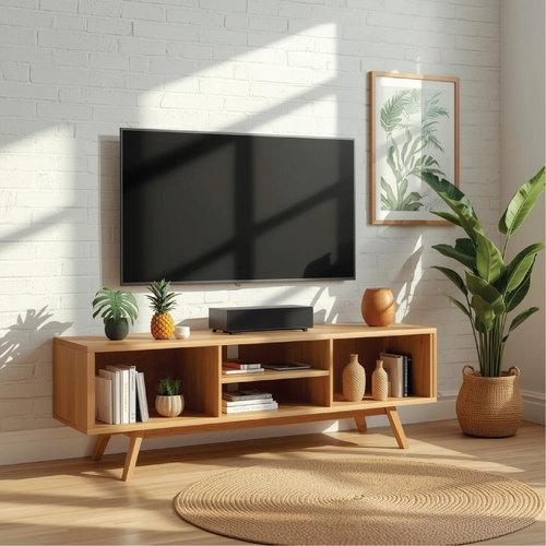 Handcrafted Solid Wood TV Stand with Open Shelving and Mid-Century Modern Minimalist Design Kitchnce