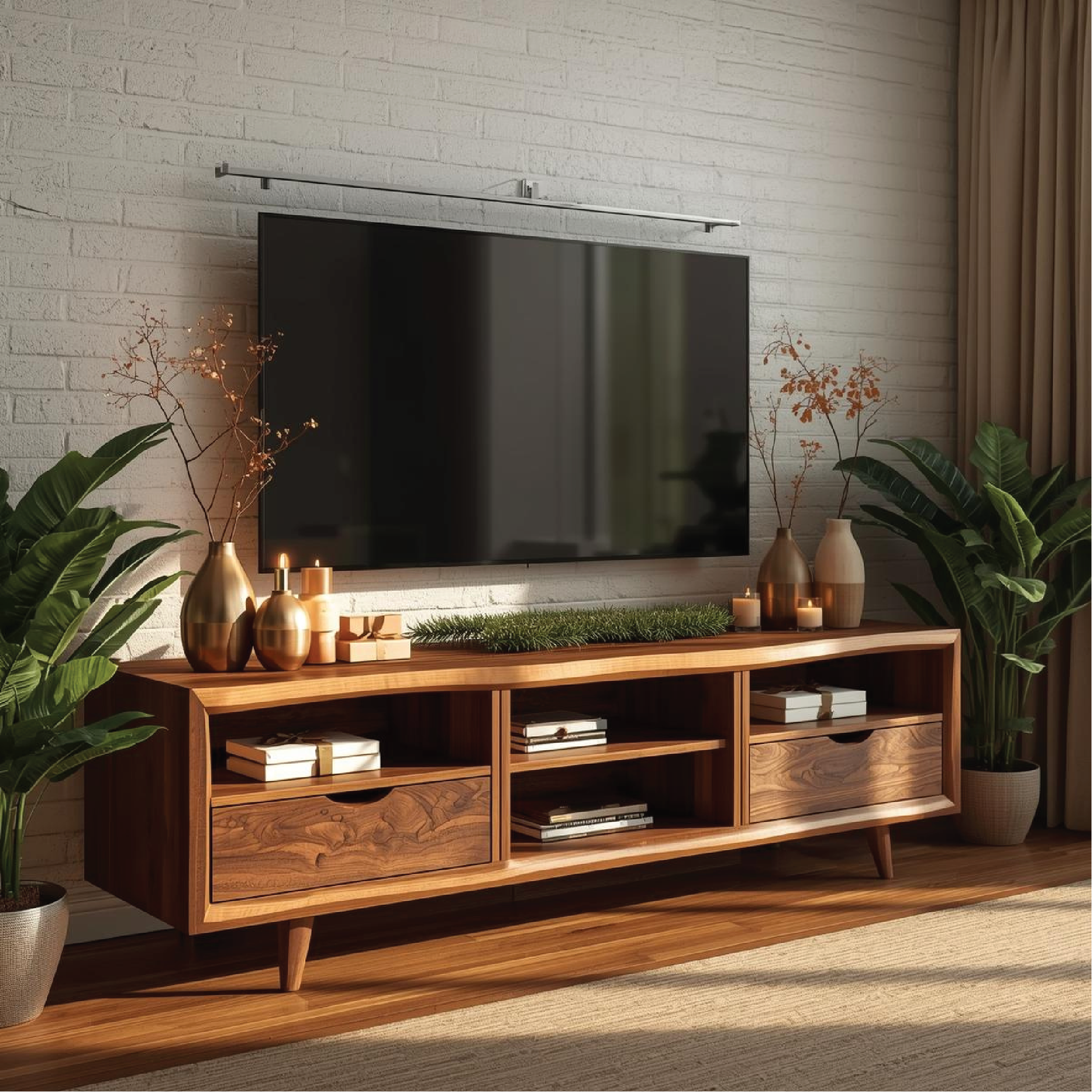 Handcrafted Solid Wood TV Stand with Mid-Century Modern Design and Natural Walnut Finish Kitchnce
