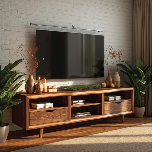 Handcrafted Solid Wood TV Stand with Mid-Century Modern Design and Natural Walnut Finish Kitchnce