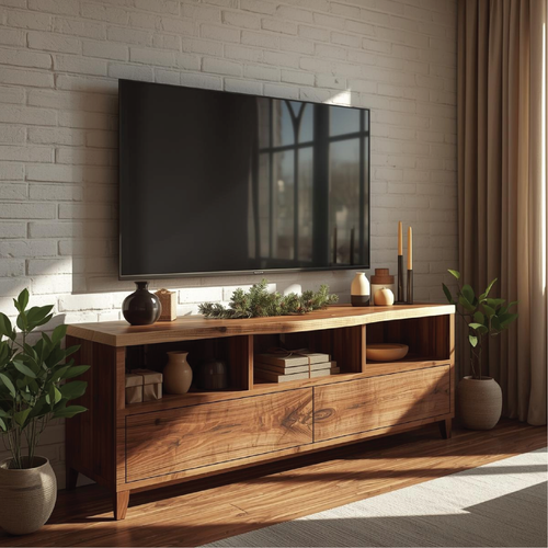 Handcrafted Solid Wood TV Stand with Natural Live Edge and Modern Open Storage Design Kitchnce