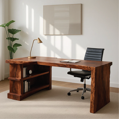 Handcrafted Solid Wood Executive Work Desk with Live-Edge Design and Built-In Open Shelving Kitchnce