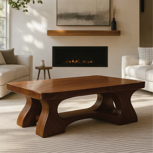 Handcrafted Solid Wood Coffee Table with Sculptural Curved Base and Smooth Polished Finish Kitchnce