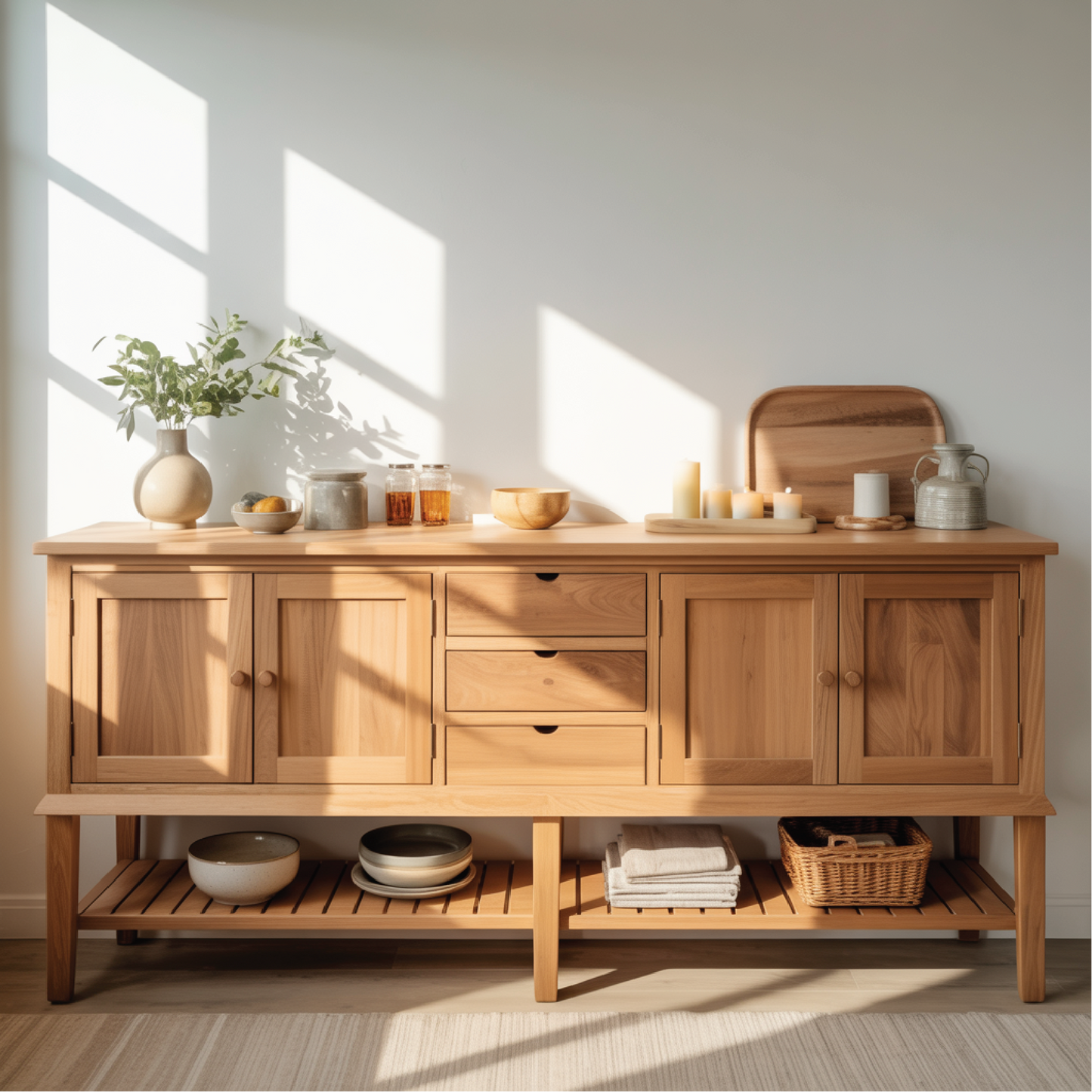 Handcrafted Solid Wood Dining Storage Sideboard with Open Lower Shelf and Multi-Drawer Design Kitchnce