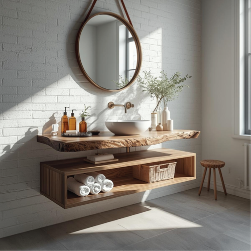 Handcrafted Solid Wood Floating Vanity with Natural Live Edge Top and Modern Minimalist Style Kitchnce