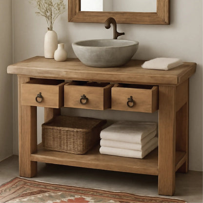 Handcrafted Solid Wood Bathroom Vanity with Rustic Drawers and Open Shelf for Natural Interiors Kitchnce