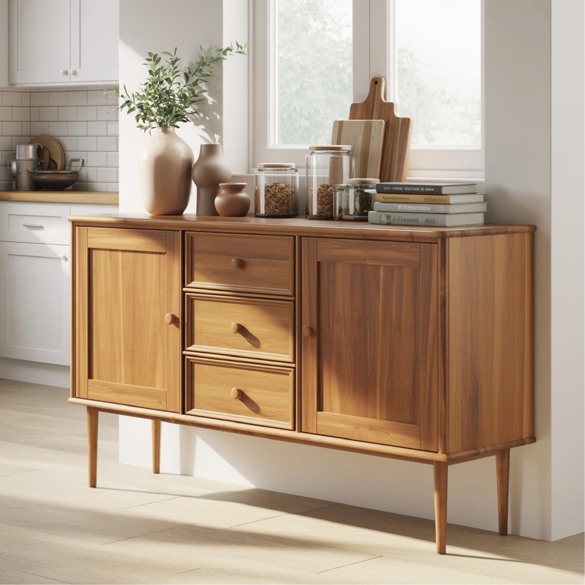 Handcrafted Solid Wood Dining Storage Sideboard with Raised Leg Design and Smooth Drawer Fronts Kitchnce