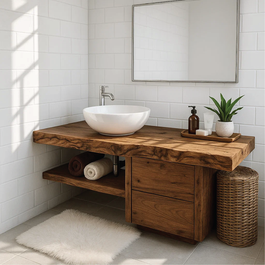 Handcrafted Solid Wood Bathroom Vanity with Live Edge Countertop and Modern Storage Design Kitchnce