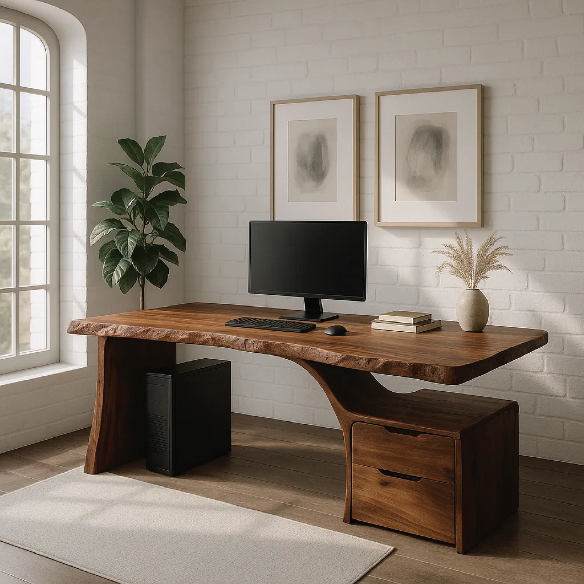 Handcrafted Solid Wood Work Desk – Live Edge Office Table with Organic Curved Base and Drawers Kitchnce
