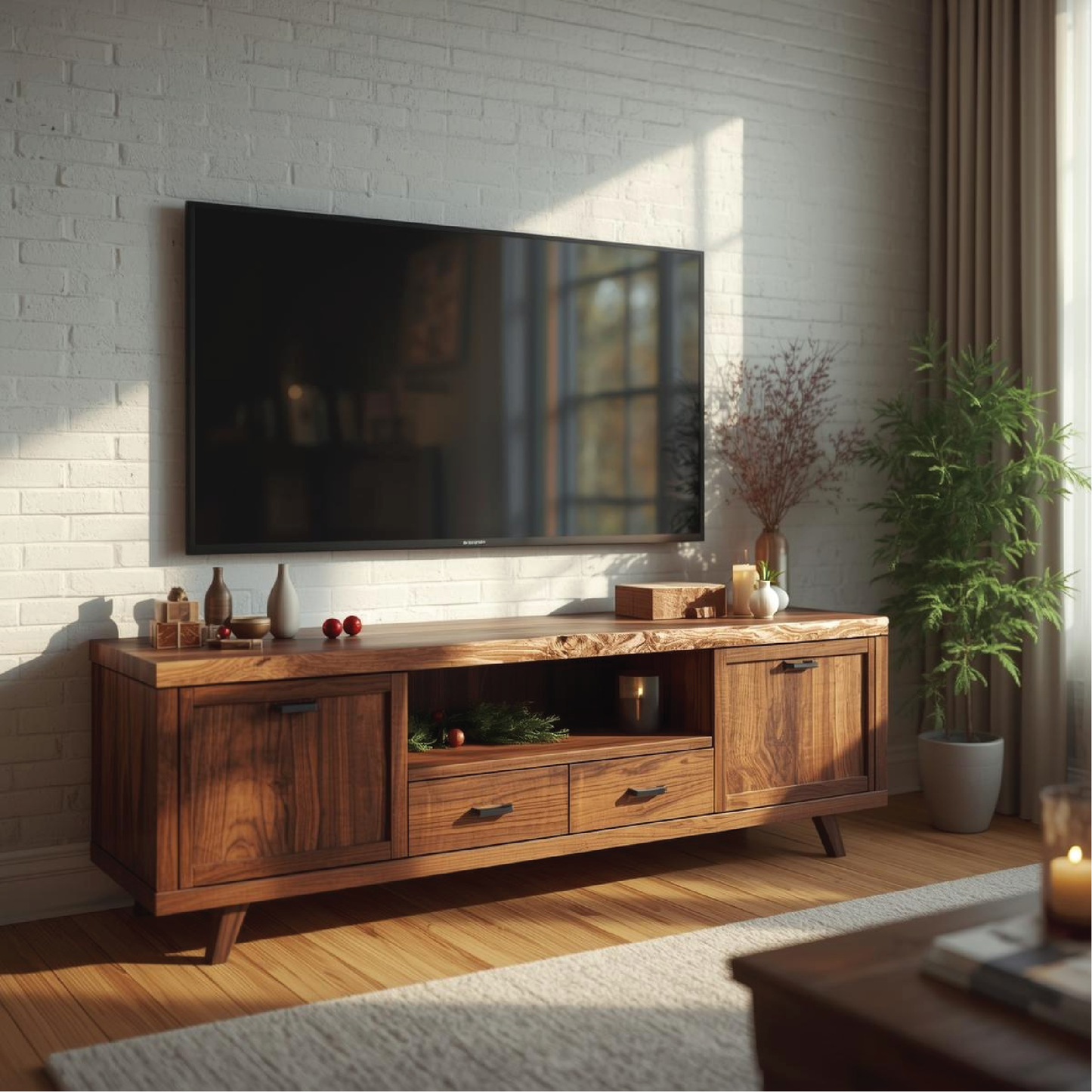 Handcrafted Solid Wood TV Stand with Natural Live Edge and Rustic Modern Storage Design Kitchnce
