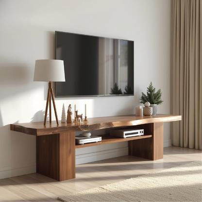 Handcrafted Solid Wood Live Edge TV Stand with Natural Finish for Modern and Rustic Interiors Kitchnce