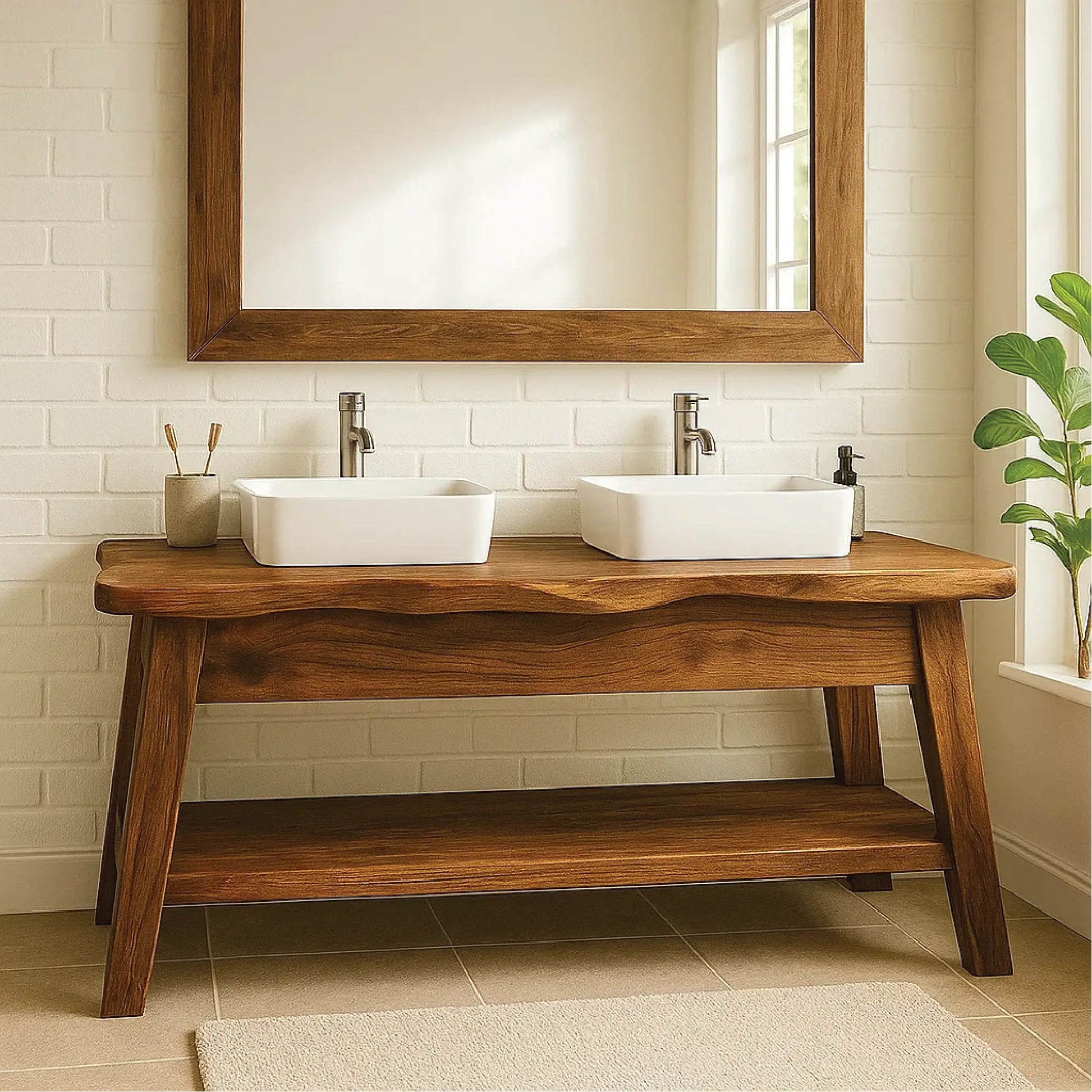 Handcrafted Double Sink Solid Wood Bathroom Vanity with Live Edge Design for Modern Rustic Homes Kitchnce
