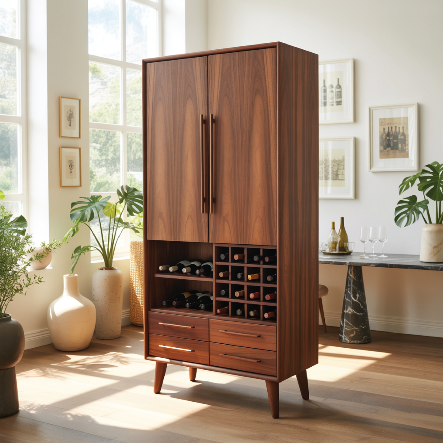 Handcrafted Solid Wood Dining Cabinet with Wine Rack, Tall Double Doors and Storage Drawers Kitchnce