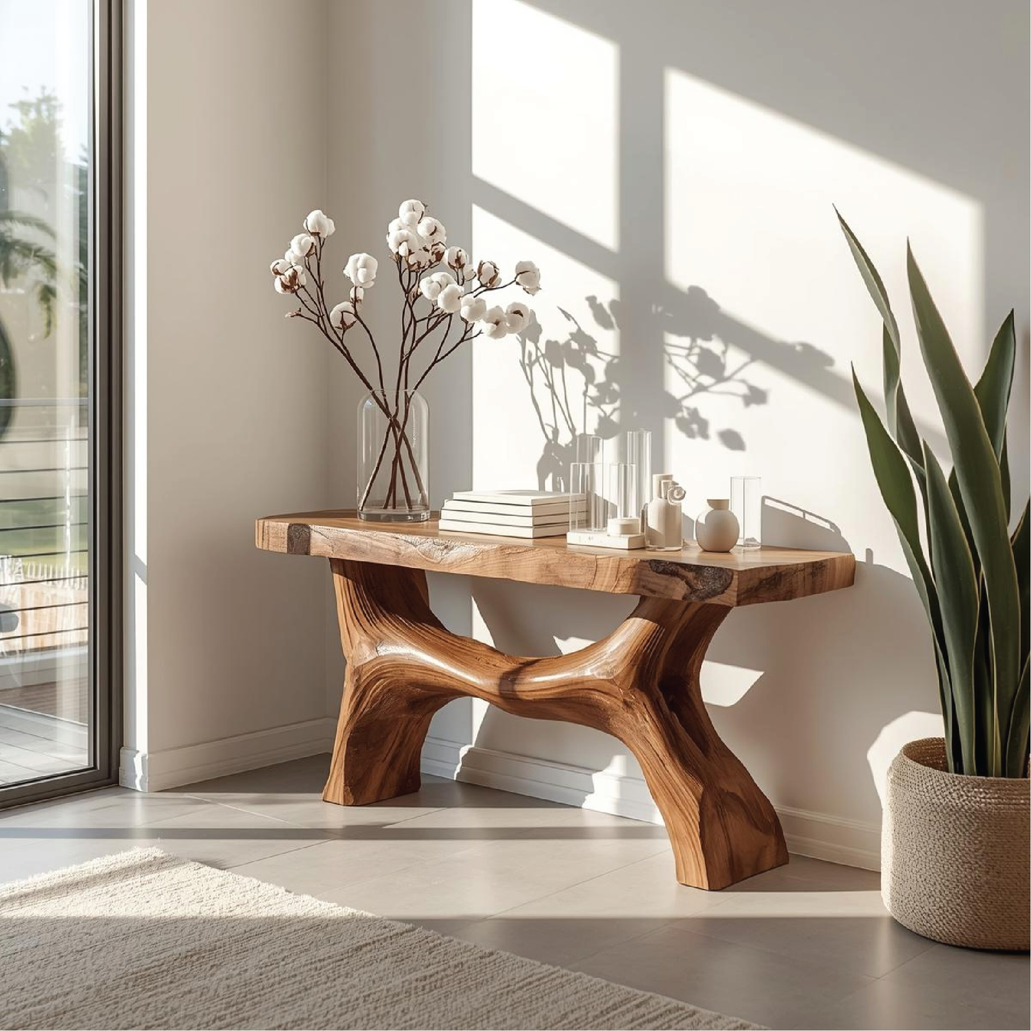 Handcrafted Solid Wood Console Table with Sculptural Base and Natural Live Edge Design Kitchnce