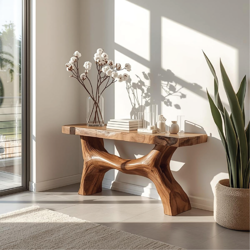 Handcrafted Solid Wood Console Table with Sculptural Base and Natural Live Edge Design Kitchnce