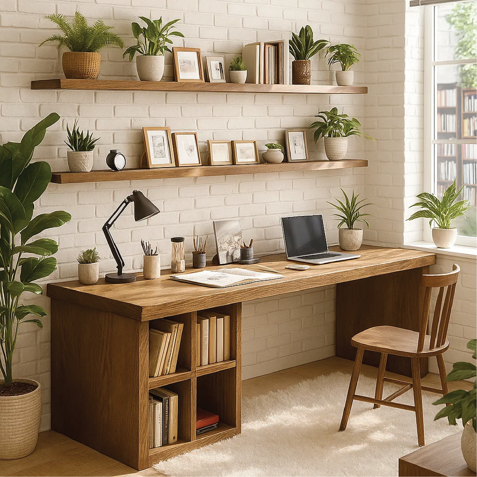 Handcrafted Solid Wood Work Desk – Long Home Office Table with Bookshelf and Natural Finish Kitchnce