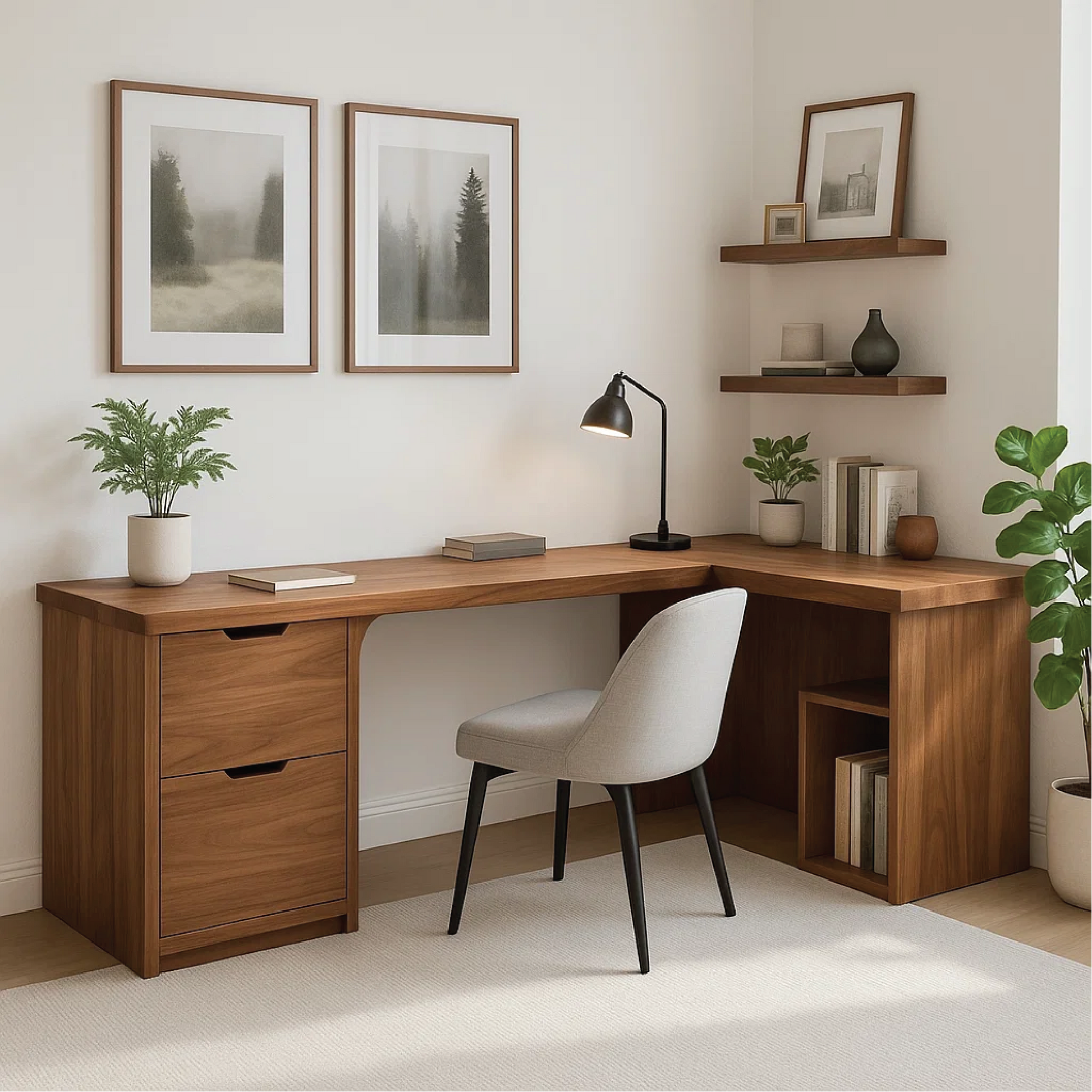 Handcrafted Solid Wood L-Shaped Work Desk – Modern Corner Office Table with Storage Drawers Kitchnce